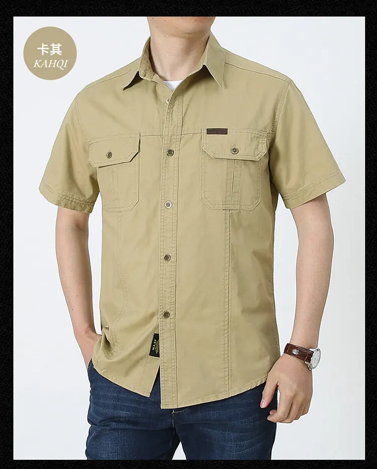 Men Cargo Shirt Short Sleeve Casual Cotton Work Shirt