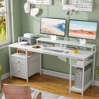Satifur 93 inch 2-person Office Desk with Power Sockets and LED Lights,61in Computer Desk,Home Work Desk,Monitor Stands, Drawers