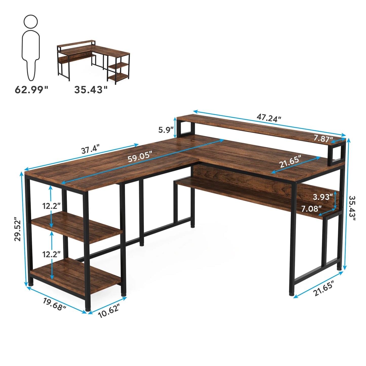 Tribesigns 59 Inch L Shaped Desk with Monitor Stand, Reversible Corner Computer Desk with Storage Shelves Rustic Brown