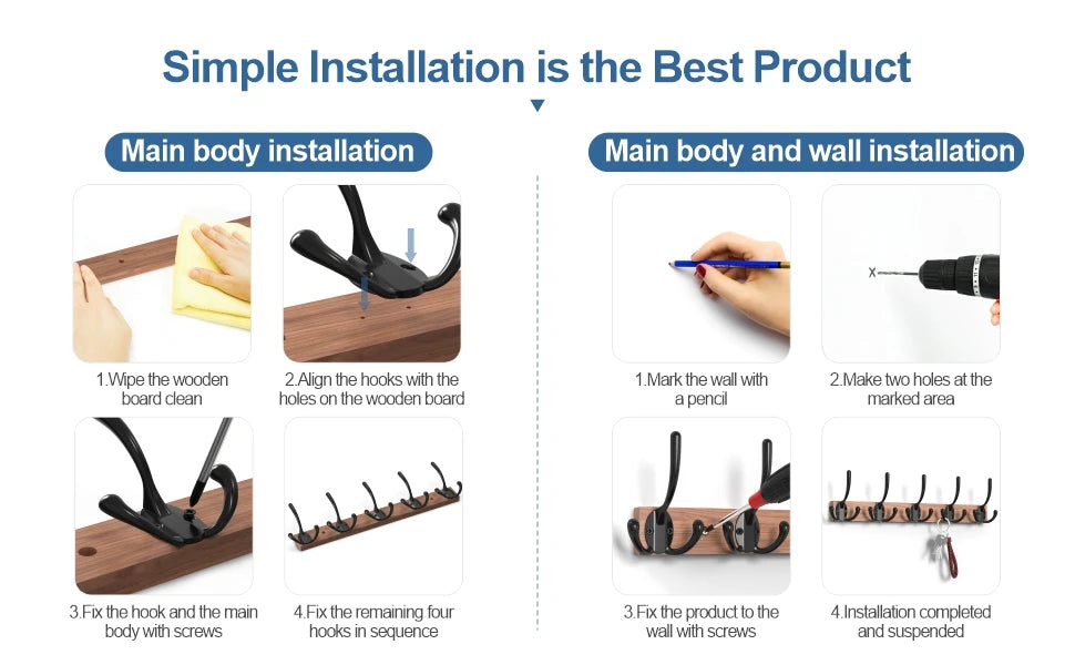 Wooden Coat Rack Wall Mount with 5 Hooks Home Decor Entryway Wall Hooks Coat Hanger for Hanging Towel Clothes Hat Key Holder