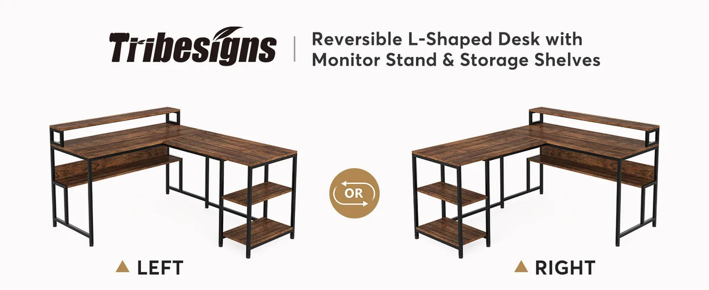 Tribesigns 59 Inch L Shaped Desk with Monitor Stand, Reversible Corner Computer Desk with Storage Shelves Rustic Brown