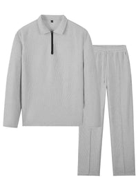 Spring and Autumn Men's Clothing  Waffle Fabric Men's Suit Fashion Casual Zipper and Lapel Long Sleeve POLO Shirt Trousers Suit