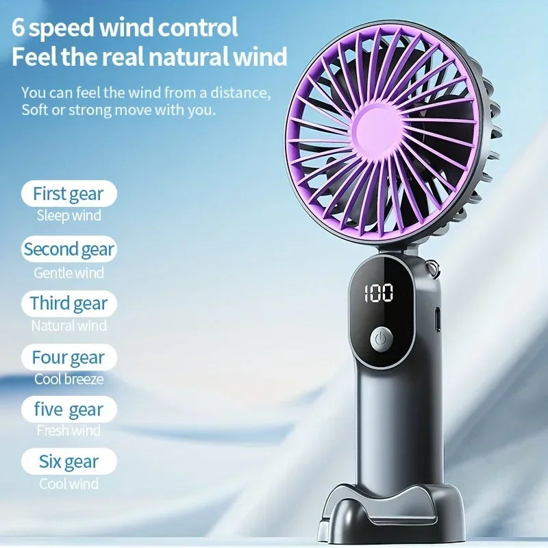 Handheld Mini Fan – Foldable 6-Speed USB Rechargeable Fan with Phone Stand & Display