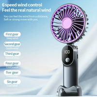 Handheld Mini Fan – Foldable 6-Speed USB Rechargeable Fan with Phone Stand & Display