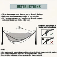 Portable outdoor camping hammock, suitable for backpacking, beach, backyard, garden, hiking, all seasons.