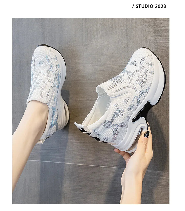 2023Women's Shoes  Autumn New Casual Small White Shoes Rhinestone Platform Sports Air Cushion Shoes Plus Size Zapatos De Mujer