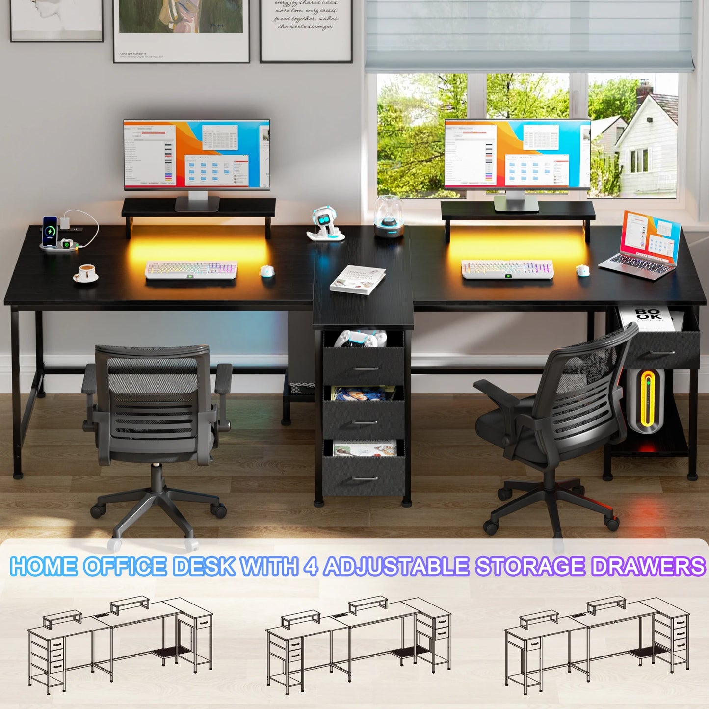 Satifur 93 inch 2-person Office Desk with Power Sockets and LED Lights,61in Computer Desk,Home Work Desk,Monitor Stands, Drawers