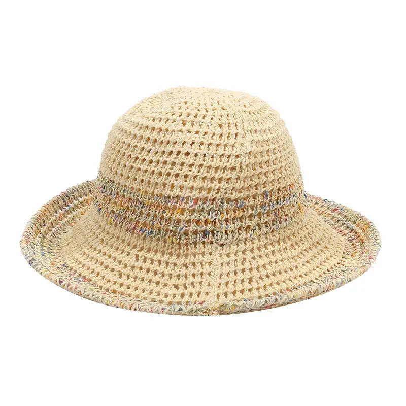 Rainbow woven women's sunscreen hat summer Japanese straw hat  protective fashion, breathable hollow beach sun hat