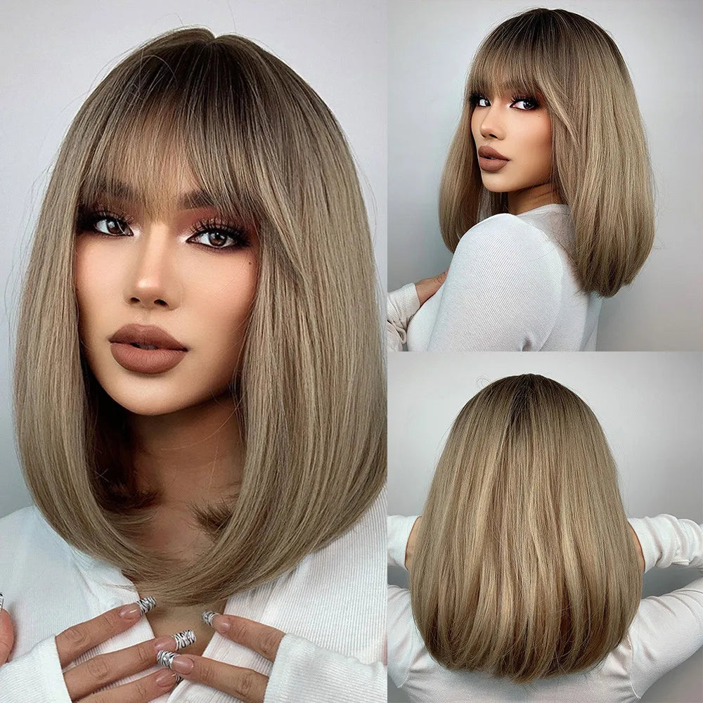 ALAN EATON Ombre Brown Short Layered Wig with Bangs