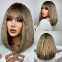 ALAN EATON Ombre Brown Short Layered Wig with Bangs