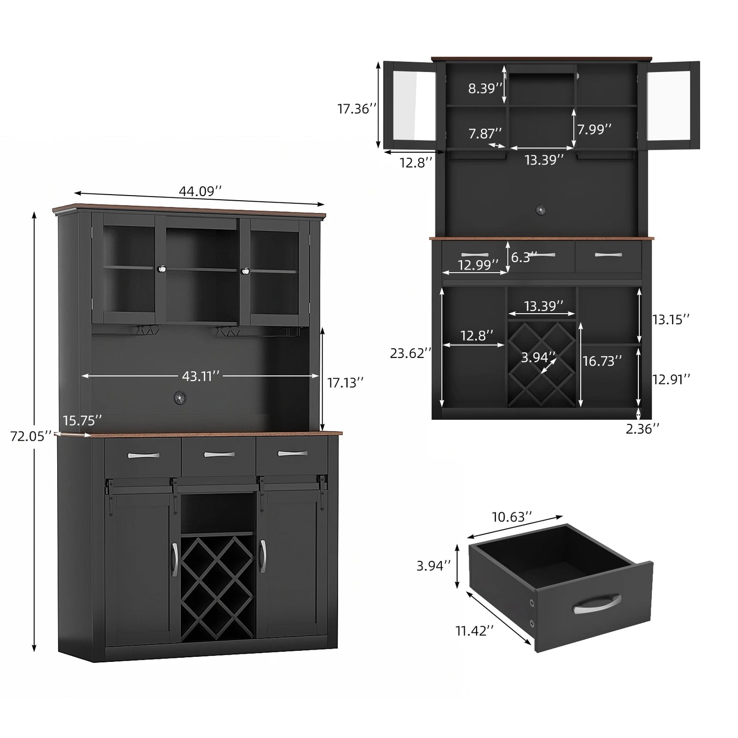 VOWNER 72" Tall Farmhouse Bar Cabinet with Sliding Barn Doors, Kitchen Pantry Storage Cabinet with Wine & Glass Racks