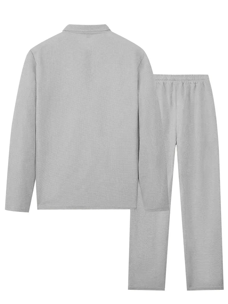 Spring and Autumn Men's Clothing  Waffle Fabric Men's Suit Fashion Casual Zipper and Lapel Long Sleeve POLO Shirt Trousers Suit