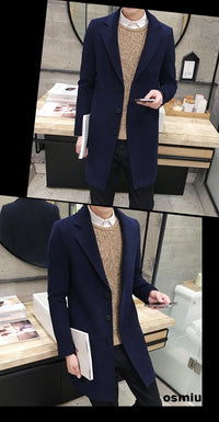 Men’s Woolen Long Coat – Slim Fit Korean Vintage Overcoat