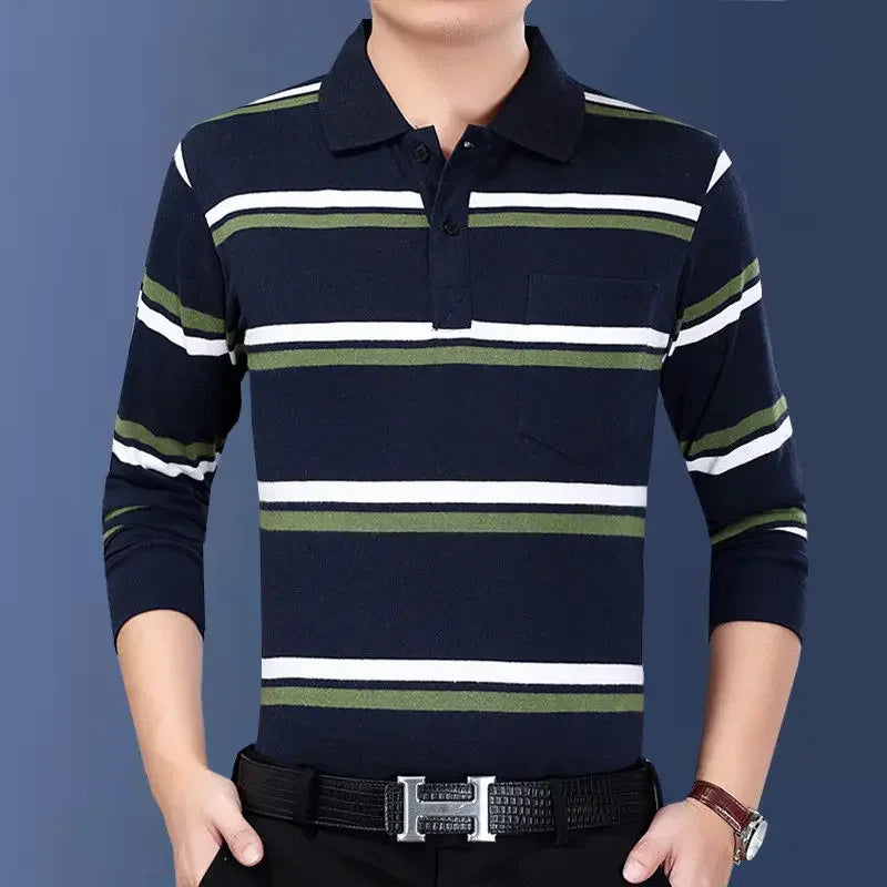 Men’s Striped Polo Shirt – Long Sleeve Cotton Casual