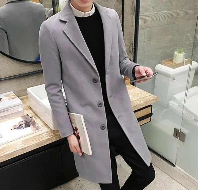 Men’s Woolen Long Coat – Slim Fit Korean Vintage Overcoat