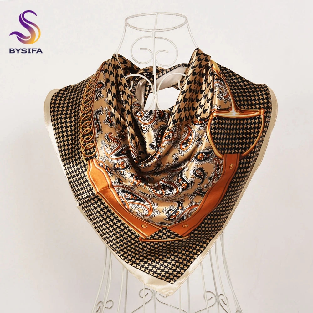 BYSIFA Beige Coffee Peony Silk Scarf Women 90x90cm