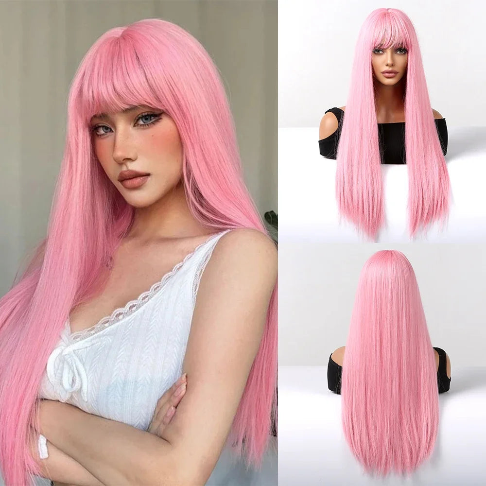 Reddish Brown Straight Layered Synthetic wig with Bangs Long hair Copper Ginger Wig for Women Daily Use Heat Resistant Wigs