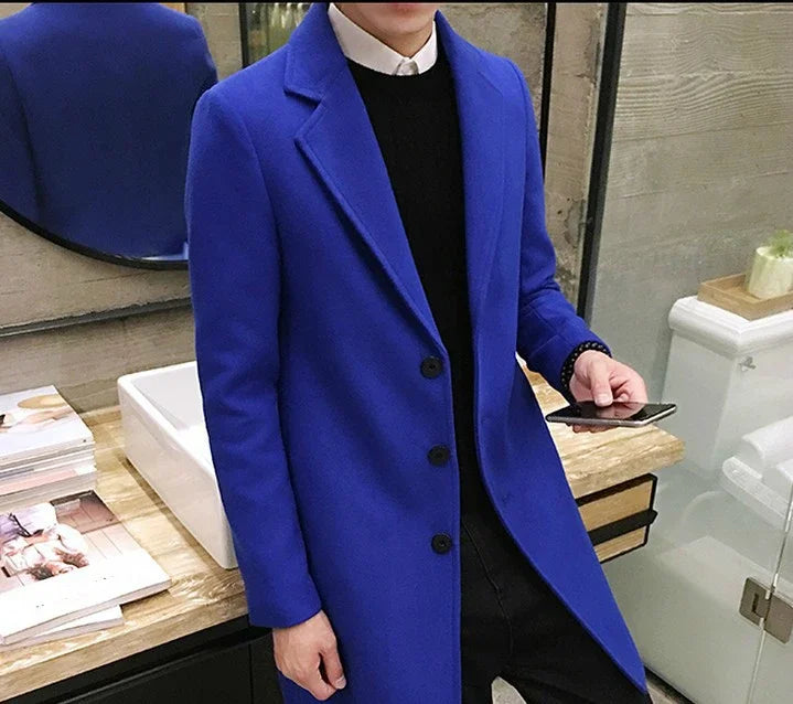 Men’s Woolen Long Coat – Slim Fit Korean Vintage Overcoat