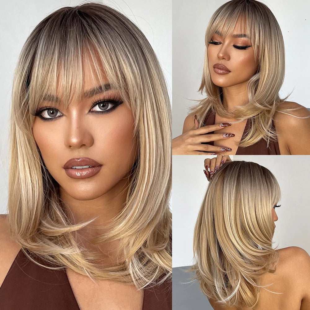 ALAN EATON Ombre Brown Short Layered Wig with Bangs
