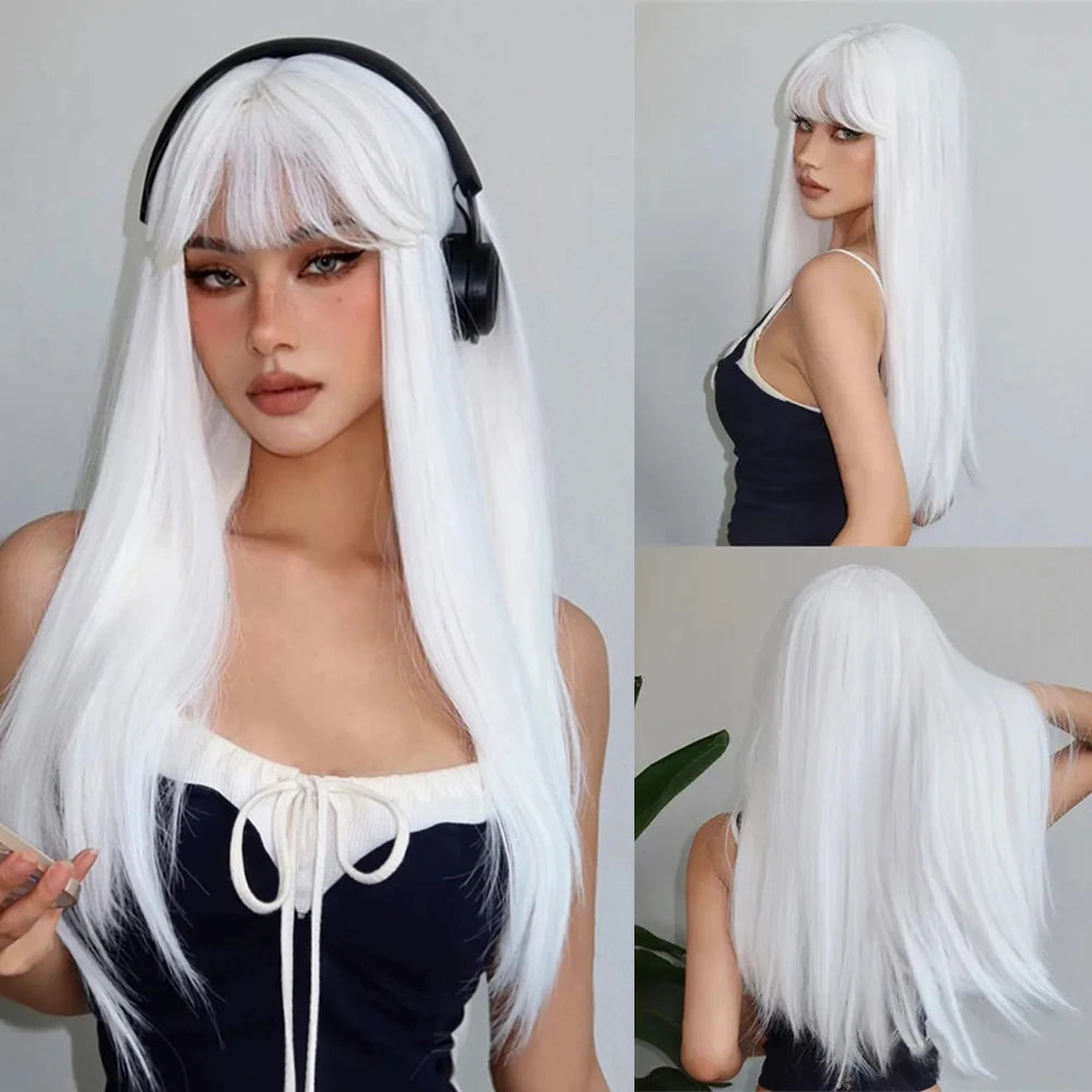 Reddish Brown Straight Layered Synthetic wig with Bangs Long hair Copper Ginger Wig for Women Daily Use Heat Resistant Wigs