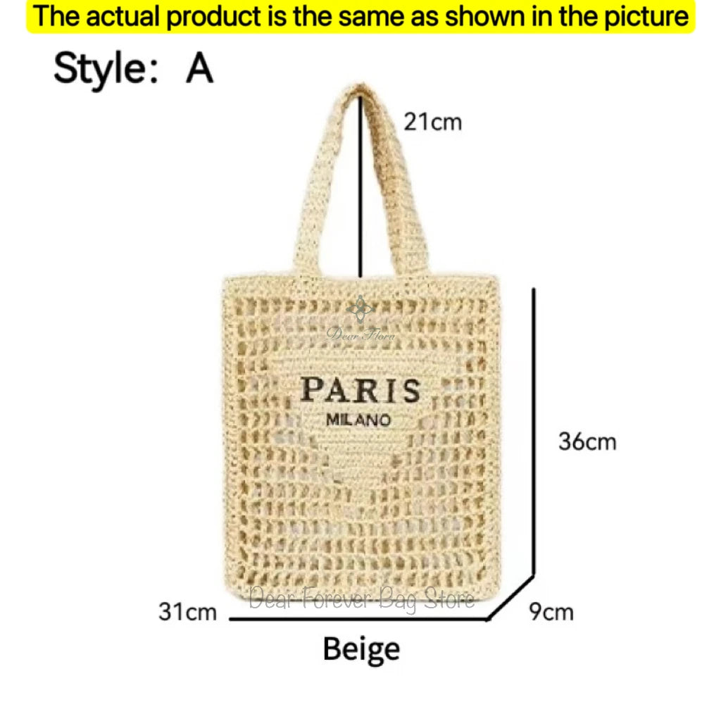 Women's Summer Beach Straw Style Tote Bag Handwoven Large Capacity Luxury Designer Travel Handbags Casual Portable Shoulder Bags
