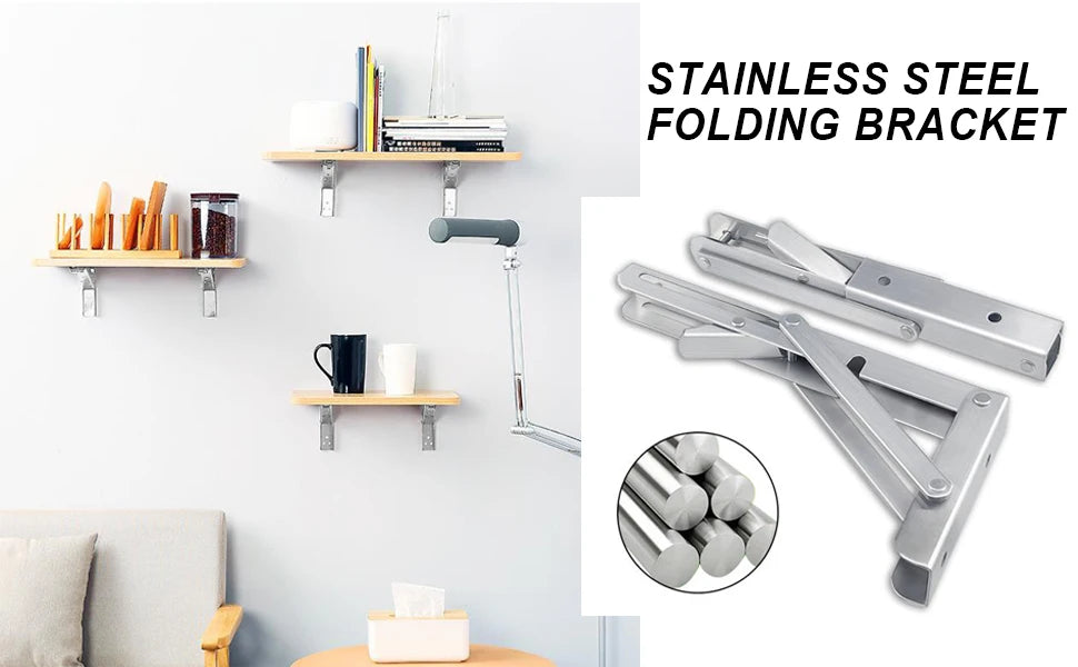 2pc Folding Shelf Brackets Heavy Duty Stainless Steel DIY Wall Mounted Collapsible Furniture Space Saving for Garage Workstation