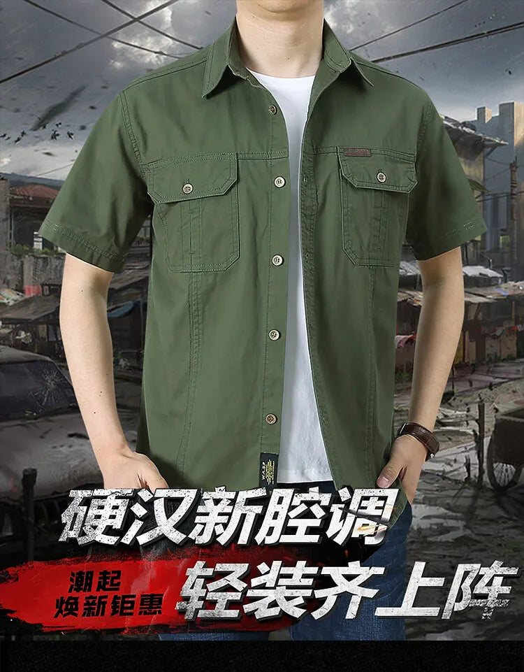 Men Cargo Shirt Short Sleeve Casual Cotton Work Shirt