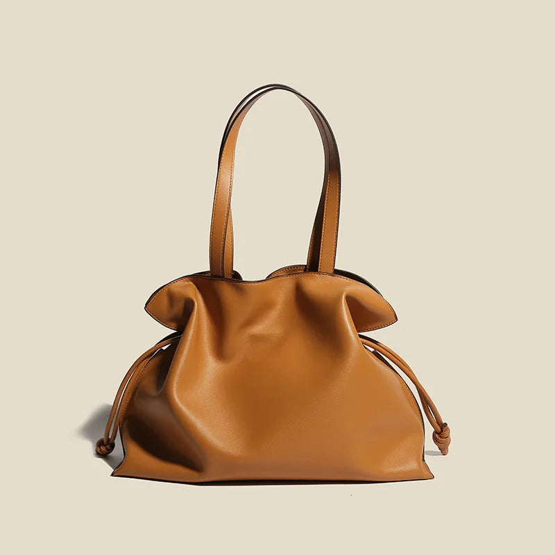 Women’s Cowhide Leather Lucky Bag – Pleated Drawstring Tote