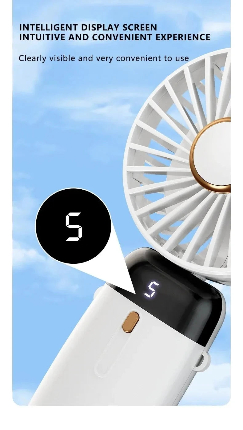 USB Handheld Mini Fan Foldable Portable Neck Hanging Fans 5 Speed USB Rechargeable Fan with Phone Stand and Display Screen