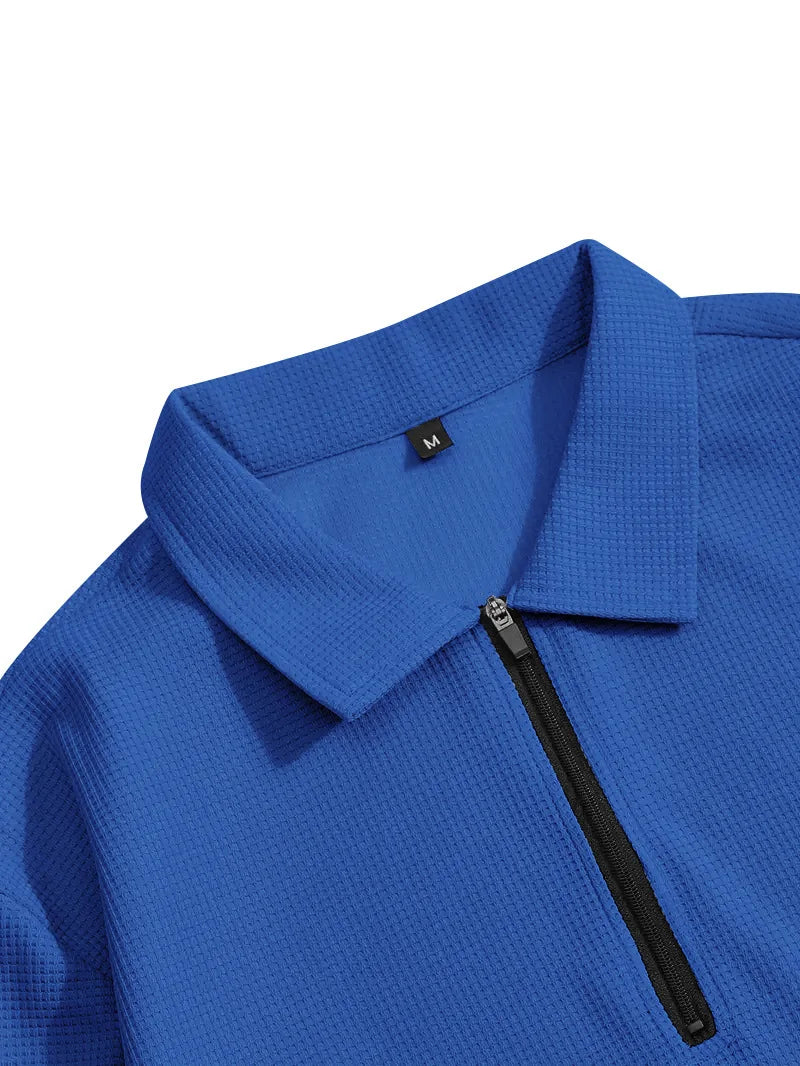 Spring and Autumn Men's Clothing  Waffle Fabric Men's Suit Fashion Casual Zipper and Lapel Long Sleeve POLO Shirt Trousers Suit