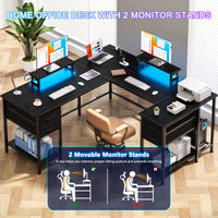Satifur 93 inch 2-person Office Desk with Power Sockets and LED Lights,61in Computer Desk,Home Work Desk,Monitor Stands, Drawers