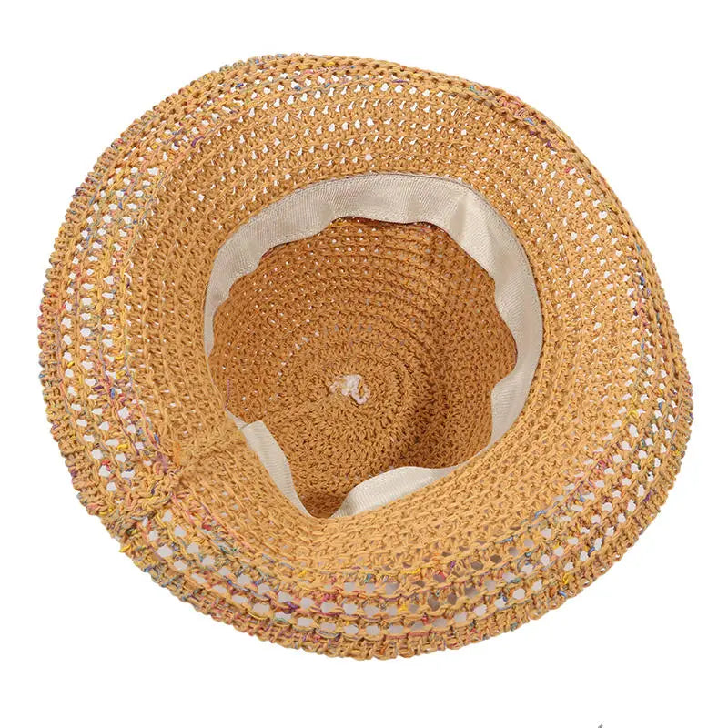 Rainbow woven women's sunscreen hat summer Japanese straw hat  protective fashion, breathable hollow beach sun hat