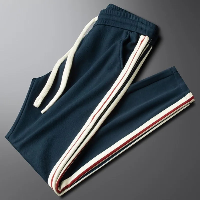 Men’s Slim-Fit Blue Casual Pants with Contrast Ribbon