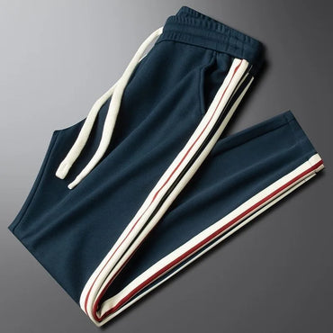 Men’s Slim-Fit Blue Casual Pants with Contrast Ribbon