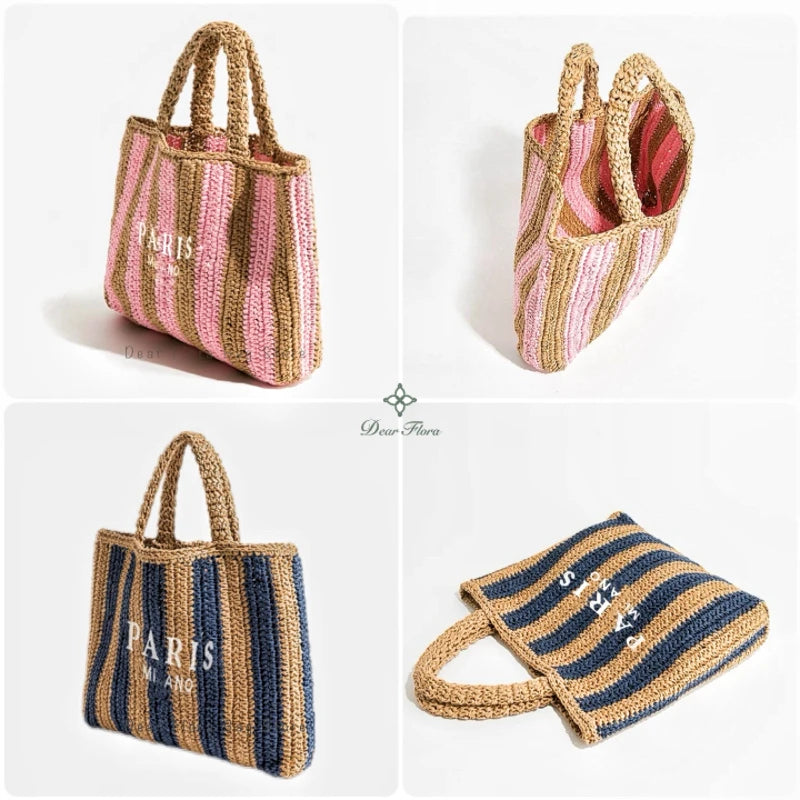Women's Summer Beach Straw Style Tote Bag Handwoven Large Capacity Luxury Designer Travel Handbags Casual Portable Shoulder Bags