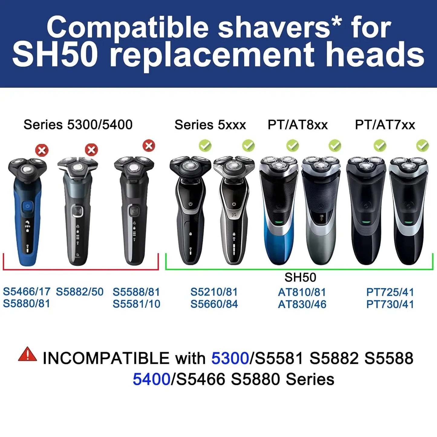 SH50 Replacement Heads for Philips Series 5000 Shavers, AquaTouch, PowerTouch,  S5210 S5370 PT730 AT810 Electric Razors