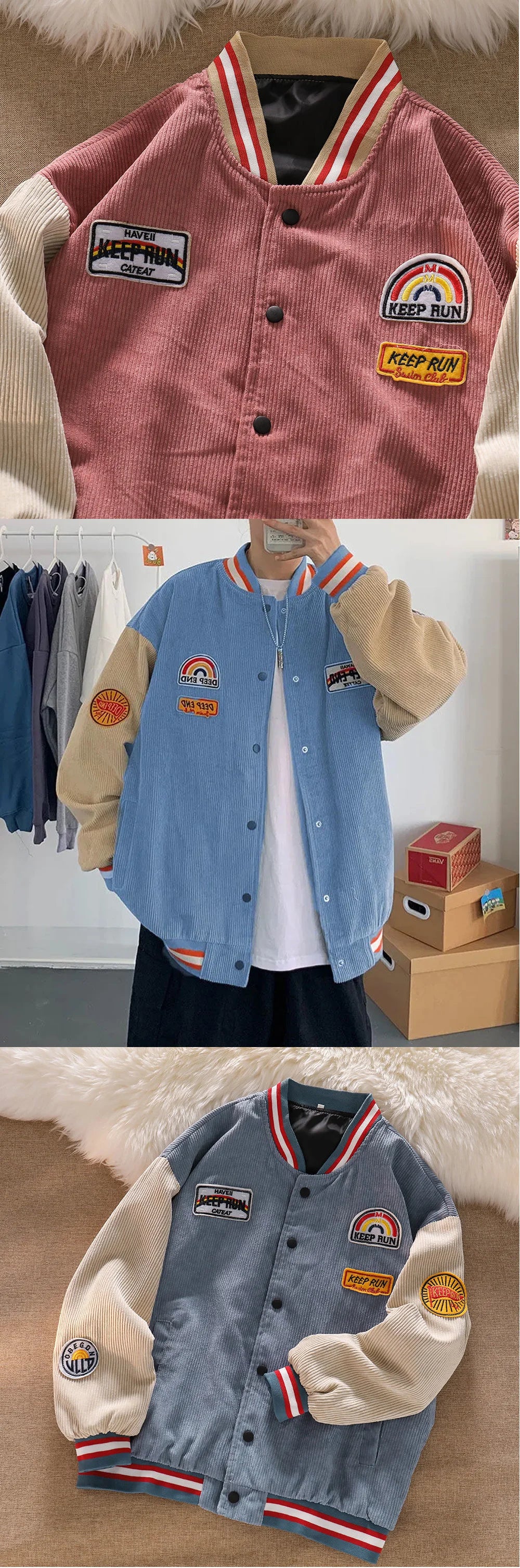 Men’s Corduroy Baseball Jacket Retro Embroidered Coat