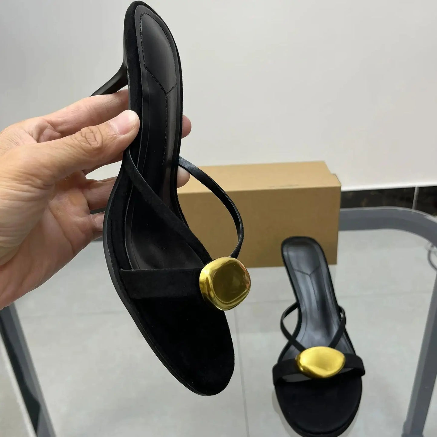 Woman Shoes Round Toe Open Toed High-Heeled Slippers With Metal Buckles Wearing Outside Thin Heel Women's Sandals Summer 2025