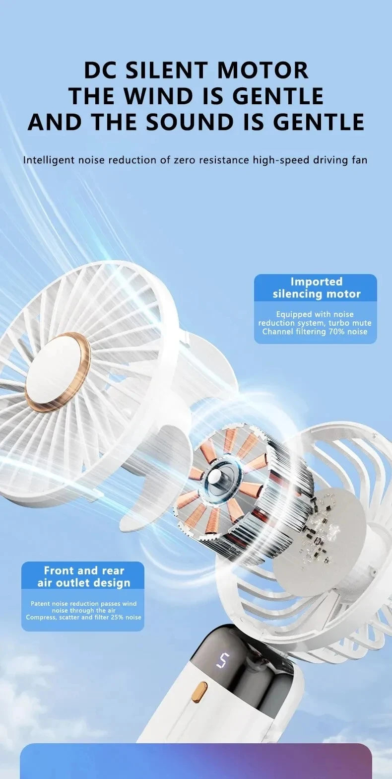USB Handheld Mini Fan Foldable Portable Neck Hanging Fans 5 Speed USB Rechargeable Fan with Phone Stand and Display Screen