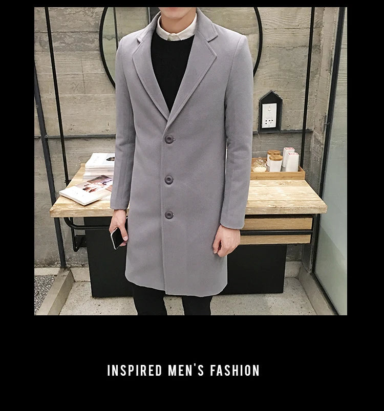 Men’s Woolen Long Coat – Slim Fit Korean Vintage Overcoat