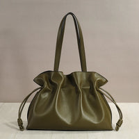 Women’s Cowhide Leather Lucky Bag – Pleated Drawstring Tote