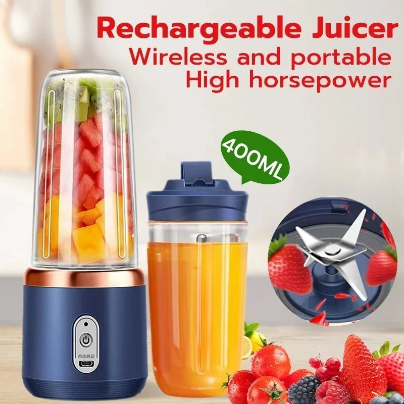 Portable Juicer Cup 6 Blade Blender Household Fruit Juicer Cup USB Rechargeable Double Cup Multifunction Electric Juicer