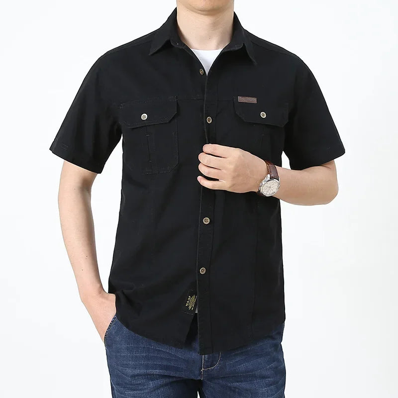 Men Cargo Shirt Short Sleeve Casual Cotton Work Shirt