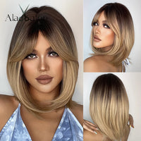ALAN EATON Ombre Brown Short Layered Wig with Bangs