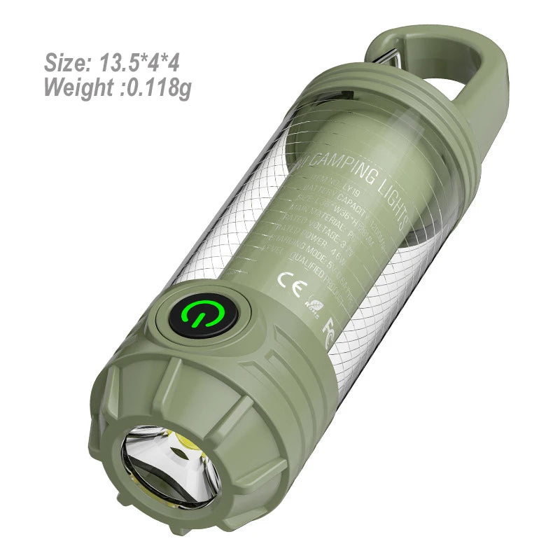 Outdoor camping light with multi-light sources, portable keychain hook, mini small flashlight, ambient camping light