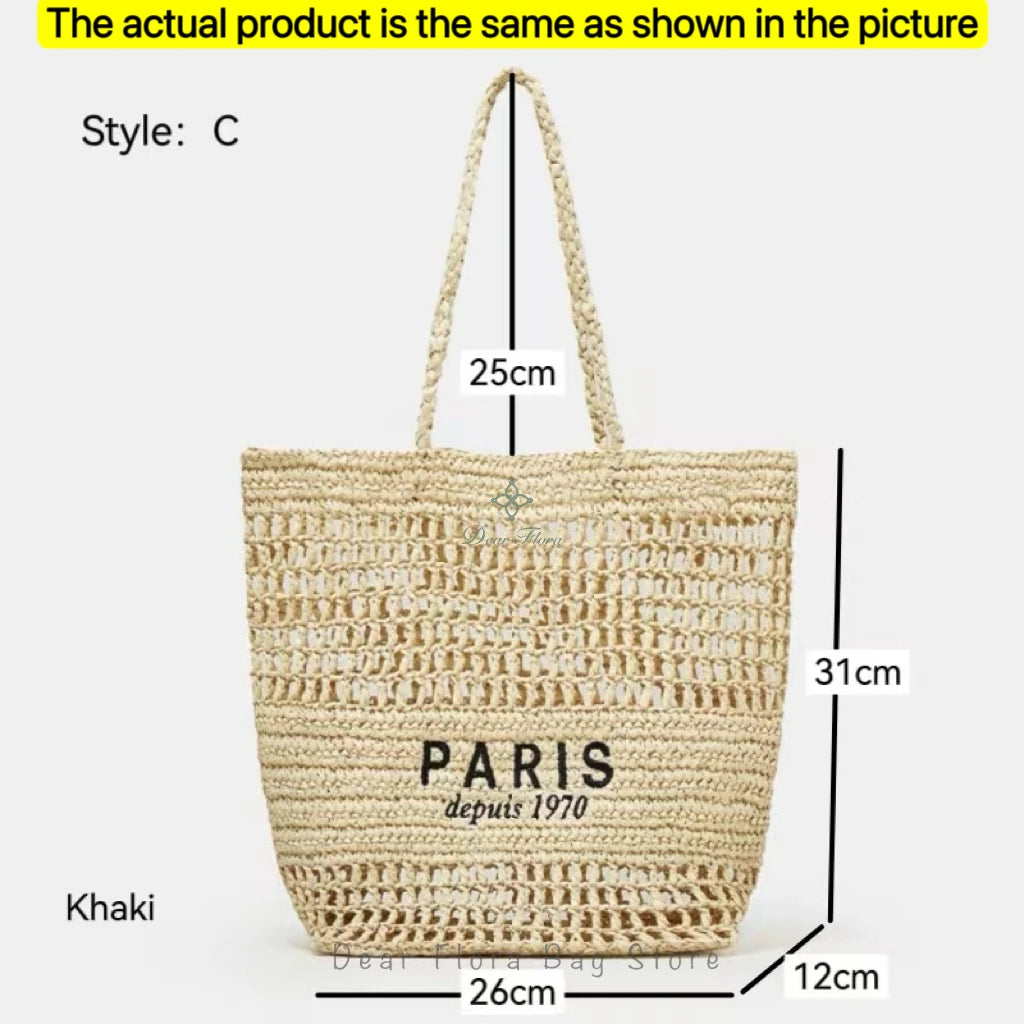 Women's Summer Beach Straw Style Tote Bag Handwoven Large Capacity Luxury Designer Travel Handbags Casual Portable Shoulder Bags