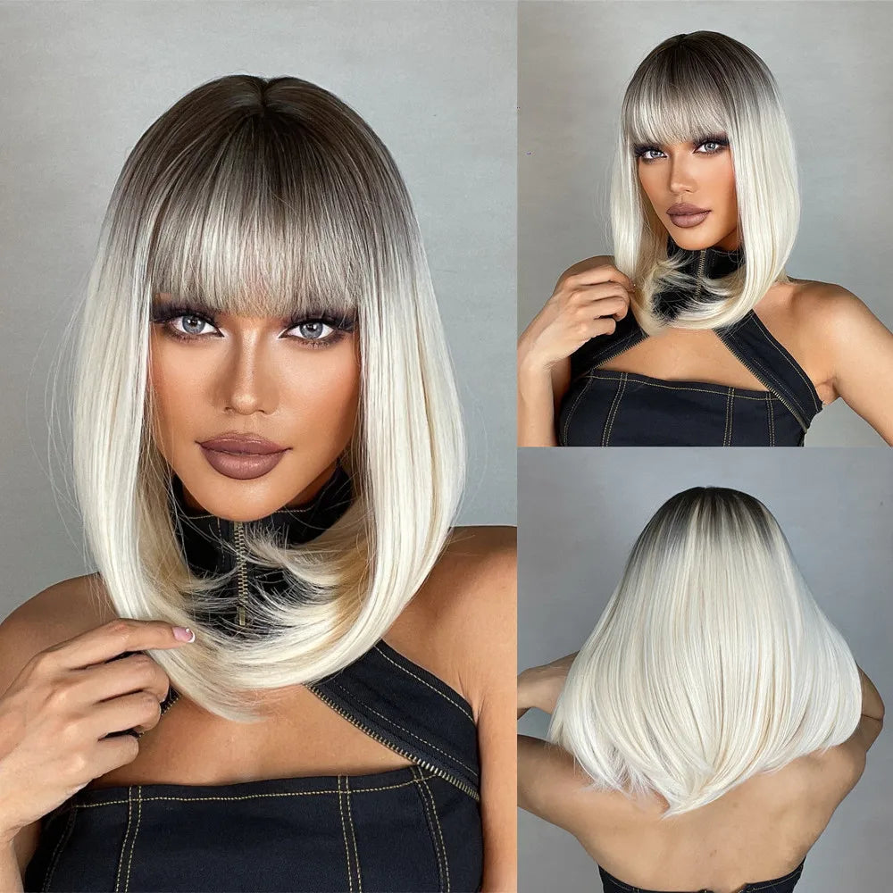 ALAN EATON Ombre Brown Short Layered Wig with Bangs