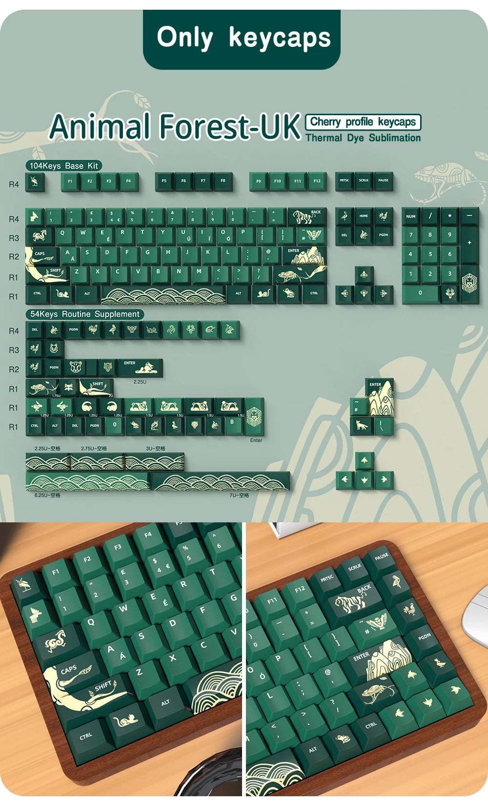 Animal Forest Green Cherry Profile Keycap Set ISO Layout