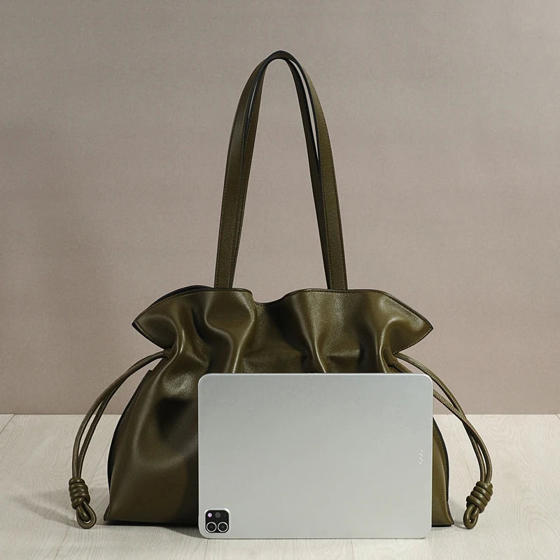 Women’s Cowhide Leather Lucky Bag – Pleated Drawstring Tote