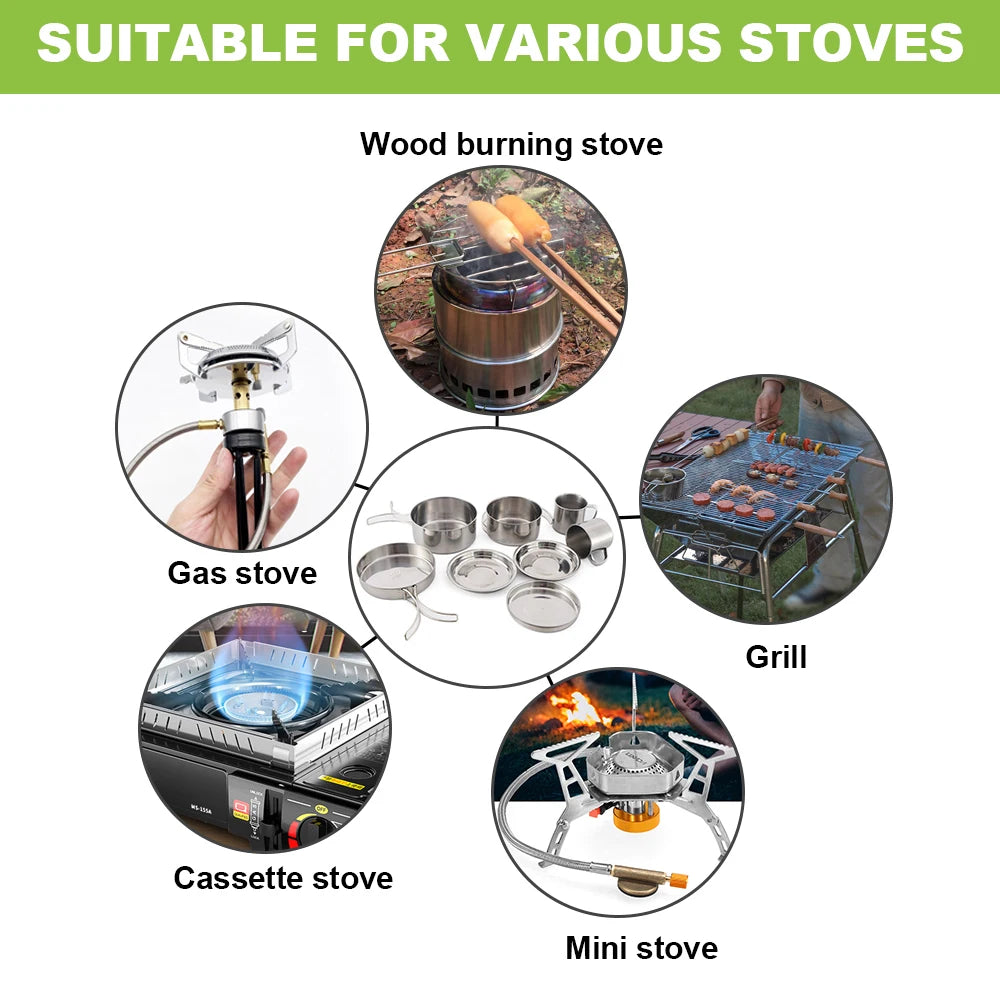 8PCS Camping Cookware Mess Kit Stainless Steel Pots